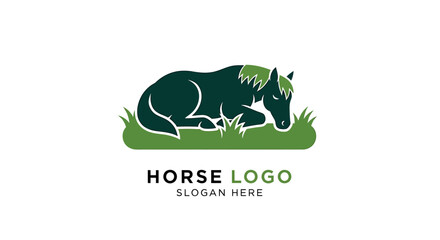 A stylized dark green horse is lying down on a patch of green grass, depicted as a logo or graphic illustration.
