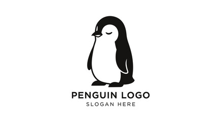Adorable cartoon penguin logo design, minimalist black and white illustration.
