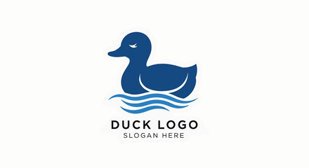 Simple logo design of a blue duck on water waves.