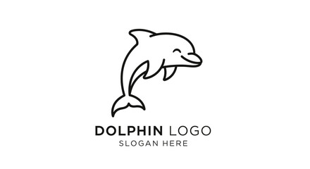 Simple line art illustration of a smiling dolphin leaping upwards, design for a logo.