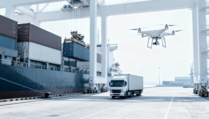 Fototapeta premium Drone Inspecting Cargo Ship Loading Containers with Truck Ready for Delivery in Port