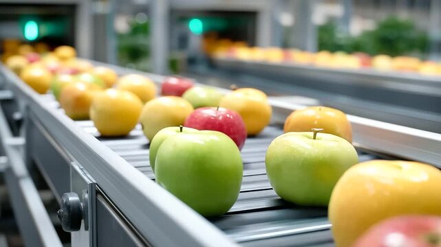 A robotic sorter handles fruit in a packing facility with apples rolling sensors scanning for size conveyors directing and workers boxing nearby captured in a vibrant photo