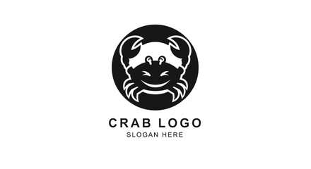 Smiling crab logo design, black and white, minimalist style, circle.