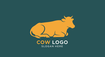 A simple yellow silhouette logo of a cow lying down on a dark teal background with sample text.
