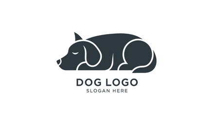 A minimalist black dog logo, depicting a sleeping canine with closed eyes and curled body.