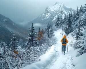 A lone hiker walks on a snow covered mountain trail through a winter forest with majestic peaks in the background