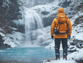 Lone hiker in orange jacket observes snowy waterfall symbolizing winter adventure and resilience