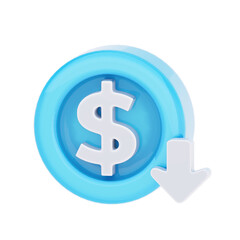 3D render of a blue coin with a dollar sign and a downward arrow, symbolizing cost reduction or financial decrease.