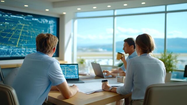 A team collaborates on an airport blueprint in a planning room with laptops showing schematics a whiteboard sketching runways coffee cups scattered and a window overlooking a