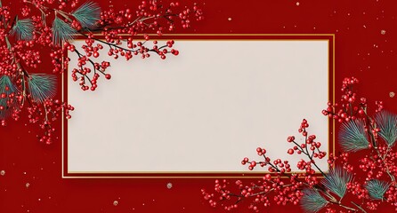 white rectangular frame on a red background with christmas decorations, in a flat design style, animated gifs, in white and gold, vector illustration, with a white blank space in the center of the rec