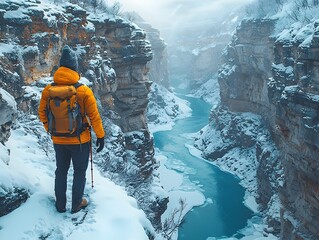 A lone hiker stands on a snowy cliff edge overlooking a frozen turquoise river in a deep winter canyon