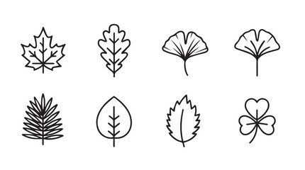 Collection of eight different hand drawn leaf silhouettes in a simple line art style silhouette