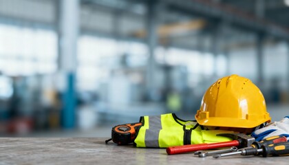 Safety Equipment and Tools on Workbench in Factory, Including Hard Hat, Vest, Gloves, and Screwdriver