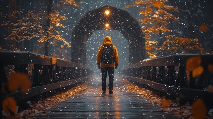 A solitary hiker stands on a wooden bridge during a snowy autumn day illuminated by warm lights
