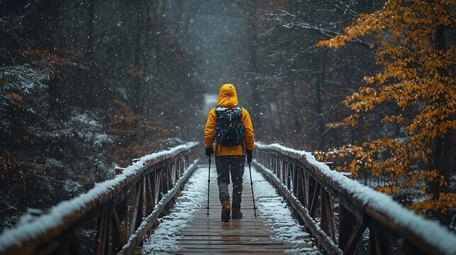 A lone hiker in a yellow jacket walks on a snow covered bridge in a winter forest