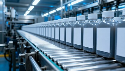 Bottled Products on Automated Conveyor Belt in a Modern Manufacturing Facility Ready for Distribution
