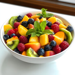 Delicious mixed fruit salad in black bowl isolated on transparent background