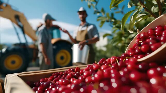 Workers gather cherries in an orchard with red fruit tumbling into buckets ladders propped a breeze rustling leaves and a tractor waiting nearby shown in a vibrant photo with