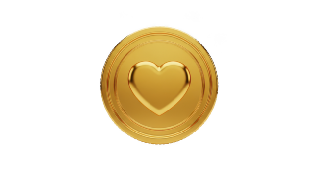Gold coin with heart isolated on transparent background