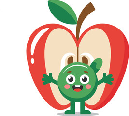 Happy Little Green Creature Emerging From A Vibrant Red Apple Illustrating A Delicious And Healthy Snack Option For Children And Adults