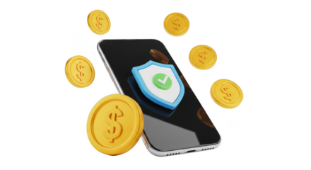 Mobile security isolated on transparent background with coins