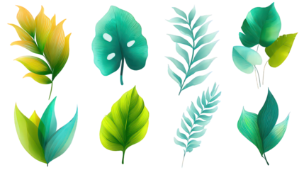 Vibrant Green and Yellow Leaves Collection on Transparent Background