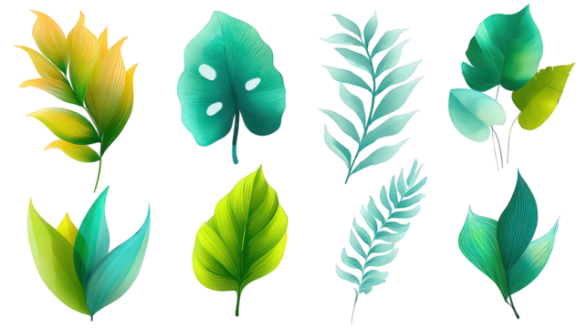 Vibrant Green and Yellow Leaves Collection on Transparent Background