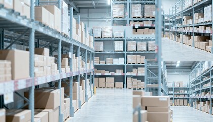 Warehouse Interior with Stocked Shelves Ready for Distribution and Logistics Operations, Featuring Organization and Efficiency
