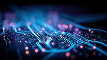 Abstract Motherboard Circuitry with Glowing Elements: High-Tech Data Processing and Connectivity Concept