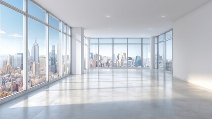 Obraz premium Bright Modern Office Space with City View, Empty Interior with Large Windows and White Walls