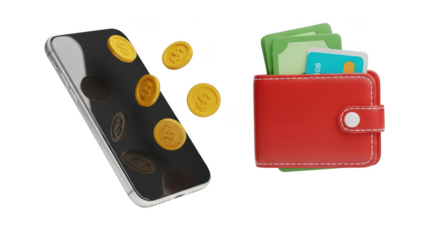 Online payment with phone isolated on transparent background