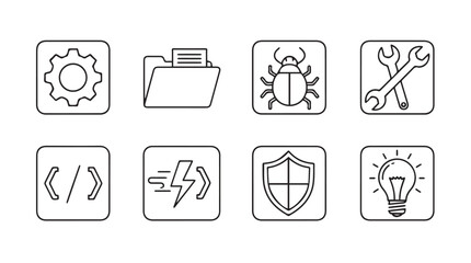 Collection of eight stylized black and white technology icons in a silhouette style