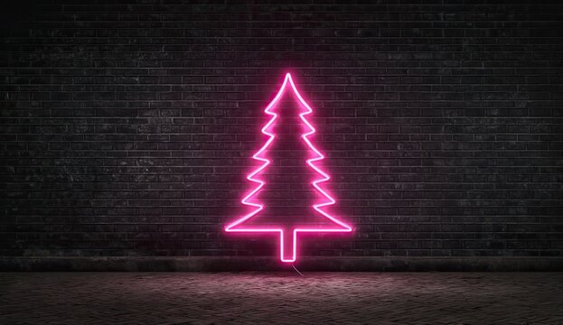 Bright Pink Neon Christmas Tree Glowing Against a Dark Brick Wall.