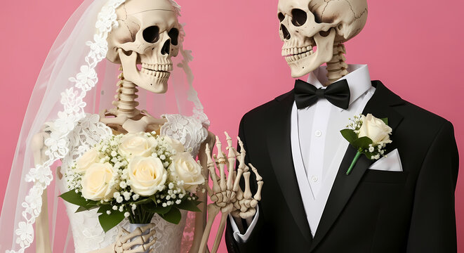 Spooky skeletons dressed as a bride and groom
