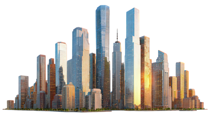 Modern City Skyline at Sunset with Illuminated Skyscrapers