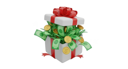 Gift box with money isolated on transparent background, bonus