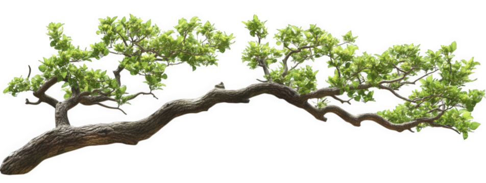 Curved tree branch with green leaves isolated on transparent background