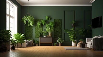 Potted plants decorate the empty living room with green walls and a hardwood floor 