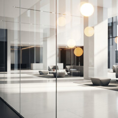 Modern Corporate Lobby Interior Viewed Through a Transparent Glass Partition with Reflective Surface

