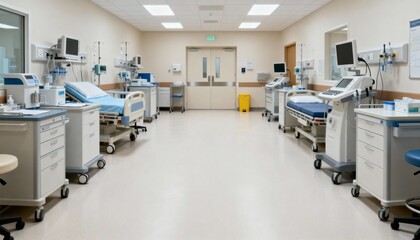 Modern Hospital Intensive Care Unit with Advanced Medical Equipment and Empty Beds Prepared for Patients
