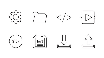 Collection of eight simple line art icons representing settings folder code play stop save download and upload silhouette