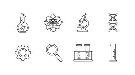 Collection of science and research icons in a hand drawn silhouette style