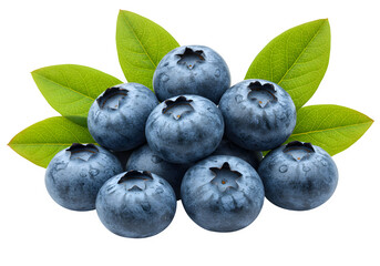 Fototapeta premium A vibrant cluster of fresh blueberries with delicate green leaves isolated on white or transparent background.PNG format.