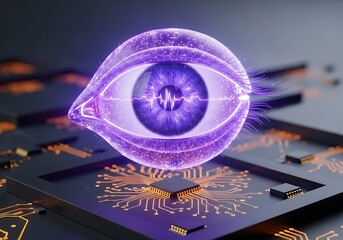 Futuristic digital eye with glowing circuits monitors data on advanced computer motherboard
