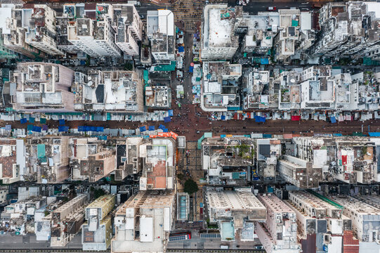 Top down view of overpopulated residential district in Hong Kong