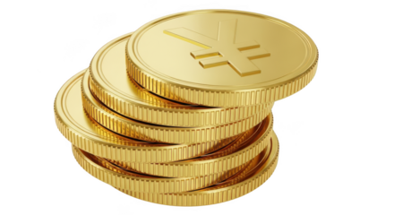 Stack of golden yen coins isolated on transparent background