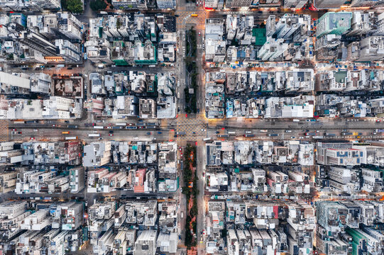 Top down view of overcrowded residential district in Hong Kong