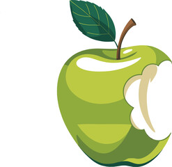 A Vibrant Green Apple with a Freshly Bitten Section Revealing the Crisp White Interior and a Single Leaf Attached to the Stem