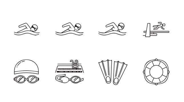 Collection of swimming icons and symbols in a simple line art silhouette style