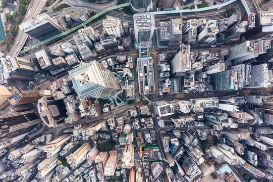 Top down view of financial district with office buildings, Central, Hong Kong